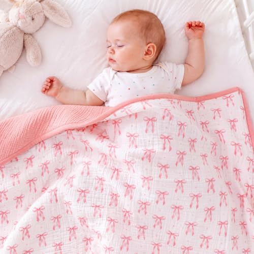 Image of Muslin Baby Blanket for Girls Pink Bow Cotton Toddler Blanket