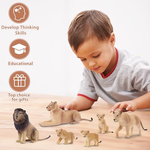 TOYMANY 6 Stück Löwe Tiere-Figuren mit Löwenbabys,Realistische Löwen Spielzeug Plastiktiere Zoo Wald Tierfiguren Dschungeltierfiguren, Lernspielzeug-Kuchenaufsatz, zum Spielen oder als Deko für Kinder