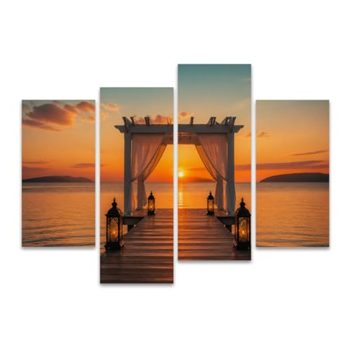 4Pcs Canvas Wall Art Framed Wall Art for Living Room Romantic Sunset Pier White Pergola Lanterns Calm Sea Modern Wall Decor Prints Pictures on Artworks Home Decor