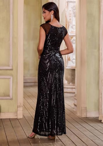 Image of ANGEL FASHIONS Women's Sheer Gold Sequined Black Splicing Evening Dress