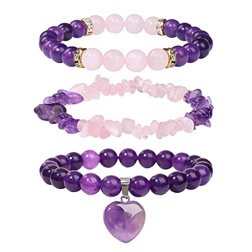 Vinswet Healing Crystal Beaded Bracelets for Women,Natural Amethyst Rose Quartz Gemstones Bracelet,Anxiety Stress Relief Heart Charm Bracelet Handmade purple Jewelry Gifts for Women (3pcs)