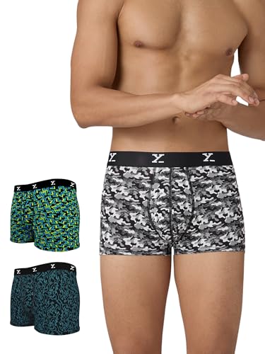 XYXX Men's Modal Modern Stretch Trunks (Pack of 3) (XYTRNK_R5_03_Camo Blue & Orange+Lightning Bolt+Yoga Pet_L)