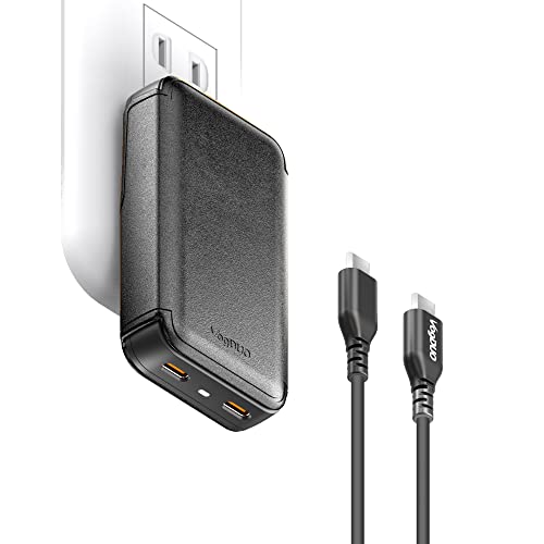 65W Thin Travel Charger Cube- Flat Slim 2 USB C Ports Foldable Plug GaN PD Fast Charging with Genuine Leather for MacBook Pro, MacBook Air, iPad, Apple Watch, iPhone 14, 13, 12 (Tan)
