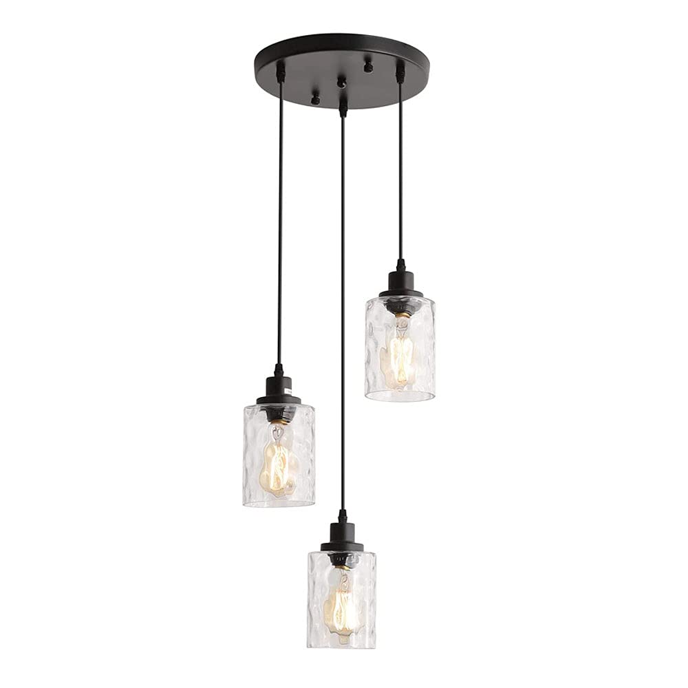FanXus Water Ripple Glass Lampshade Chandelier 3-Light Disc Black Pendent Lamp for Bedroom Dining Room Living Room Kitchen Island Ceiling Light Made in China