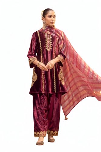 Image of FIORRA Women Wine Ice Velvet Embroidered Kurta Set with Dupatta