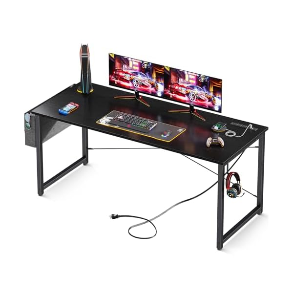 AODK 63 inch Small Computer Desk with Power Outlet for Small Spaces Home Office Student Laptop PC Writing Desks with Storage Bag Headphone Hook, Black