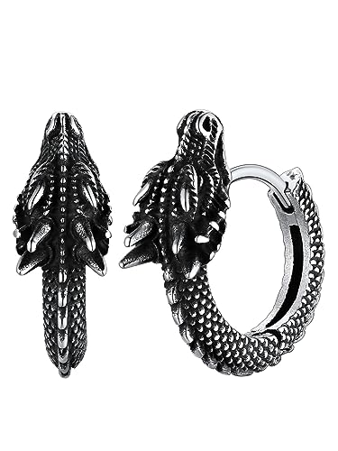 FaithHeart Dragon Hoop Earrings, Men's Gothic Punk Dragon Hinged Hoops Earring Stainless Steel/Gold/Black, Hypoallergenic Earrings for Men Women