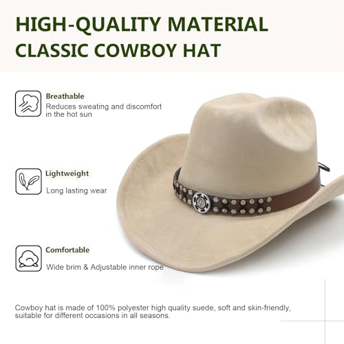 Image of Cowboy Hat for Women Men Wide Brim Western Cowgirl Hat Roll up Brim with Belt Buckle Classic Suede Country Cowboy Hat