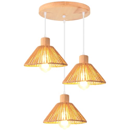iDEGU 3 Lumières Suspension Luminaire en Rotin et Bois Vintage 22cm Plafonnier Abat-jour Tissage Lustre Style Bohème Rétro E27 Lampe de Plafond pour Salon...