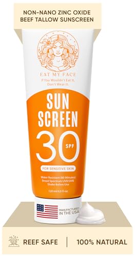 Eat My Face Tinted Beef Tallow Sunscreen SPF 30 – No White Cast, Natural Glow | Reef Safe Mineral Zinc Oxide | Water Resistant Sun Protection for Face & Body, 4 oz
