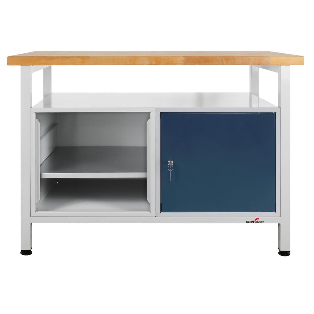 Steinbock Werkbank mit Tür, 2 Regalböden und 1 Ablageboden | 300 kg Tragkraft | HxBxT 84 x 120 x 60 cm | Anthrazitgrau | 4 cm Starke geölte Holzplatte | stabiles Stahlgestell | Made in EU | Werktisch