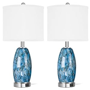 Modern Coastal Table Lamps 23” High Blue Gray Handcrafted from Art Glass Bedside Lamps, for Bedroom Living Room Home Nightstand Table Lamp(with USB C+A 5V 2.1A Charging Ports)