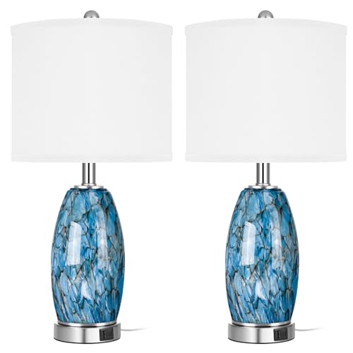 Modern Coastal Table Lamps 23” High Blue Gray Handcrafted from Art Glass Bedside Lamps, for Bedroom Living Room Home Nightstand Table Lamp(with USB C+A 5V 2.1A Charging Ports)
