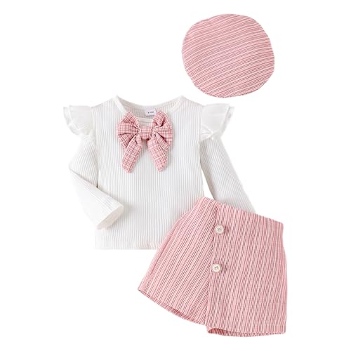 LUVCES Abbigliamento Bambina Vestiti Set Manica Lunga Volant Top con Papillon in Maglia+ Elegante Minigonne +Berretto 3 Pezzi Autunno Gonna Vestiti Outfit Rosa 2-3 Anni