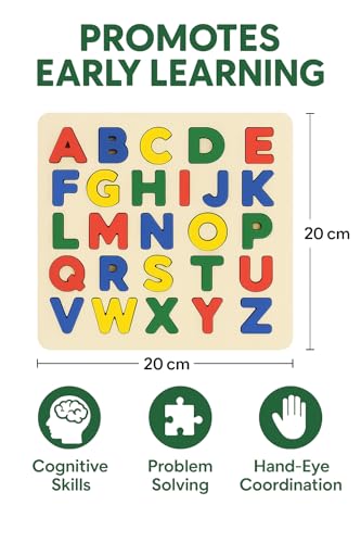 Image of Wooden Alphabet Puzzle Board A to Z | Educational Learning Toy for Kids | Uppercase Letter Recognition, Fine Motor Skills & Early Learning Montessori Toy for Toddlers & Preschoolers