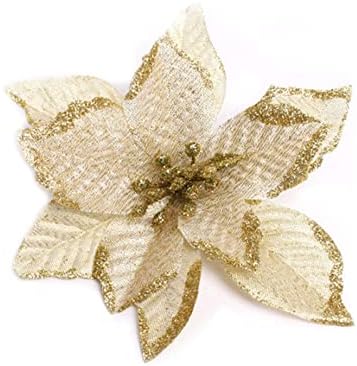 Zabrina 12 Pcs 5.11 in Christmas Tree Decorative Silk Flower Gold Poinsettia Bush and Red Poinsettia Bush Artificial Flowers Red Glitter Poinsettia Christmas Tree Ornaments (Gold)