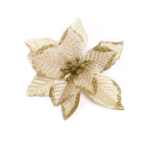 Zabrina 12 Pcs 5.11 In Christmas Tree Decorative Silk Flower Gold Poinsettia Bush And Red Poinsettia Bush Artificial Flowers Red Glitter Poinsettia Christmas Tree Ornaments (Gold) #TOP2