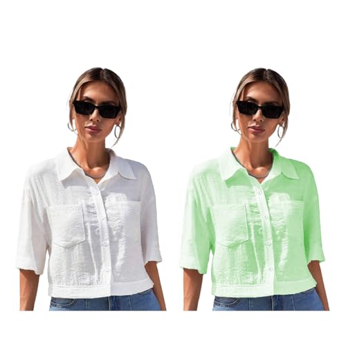 Image of TOPLOT V-Collar Solid Crop Shirt for Women with Half Sleeves, Polyester, Regular Fit
