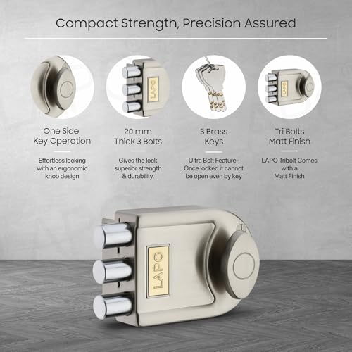 Image of LAPO Main Door Tri-Bolt Deadbolt Lock, Premium Satin Matt Finish,Heavy Duty Wooden Door Lock with Fixed Cylinder&4 Brass Keys,Suitable for Inside&Outside Opening,High Security for Home,Office & Hotel