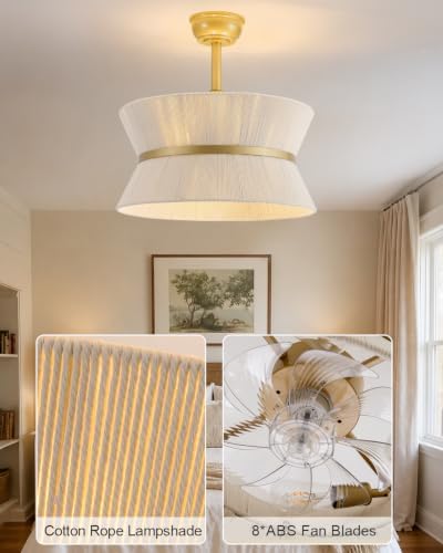 Boho Tassel Fandelier Ceiling Fan with Light and Remote Chandelier Fan Fabric Chandelier Fan Gold Caged Ceiling Fan with Light for Bedroom, Living Room Nursery Foyer Kitchen（Timing Adjustable Height） — view 7