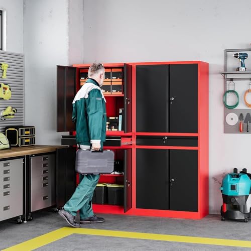 Image of Letaya Metal Garage Storage Cabinet with Drawer,4 Door Tool Cabinet with Adjustable Shelves for Garage Home Office Utility Room (Red)