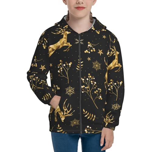 Christmas Gold Deers1 Kids Pullover Hoodies Boys Zip Up Sweatshirts Girls Athletic Clothes with Pocket3