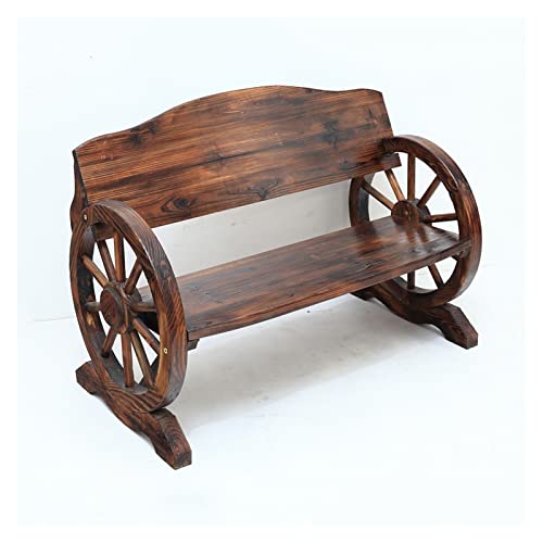 SDdPulse アウトドアベンチチェア アウトドア レジャーベンチ 牧歌的なスタイル 木製ベンチ 炭化プロセス レトロ ホイール型 ポーチベンチ 木製 ダブルチェア パティオ ガーデン ベンク、グレー、グレー