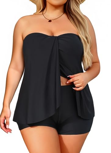 Daci Plus Size Bandeau Tankini Swimsuit for Women Two Piece Halter Swim Top with Shorts Flyaway Tummy Control Bathing Suits Black 18 Plus