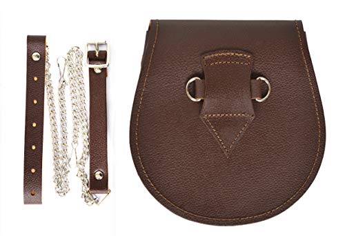 Image of Scottish Original Leather Sporran with Leather Belt & Chain (Plain Brown with Three Matching Tassels)