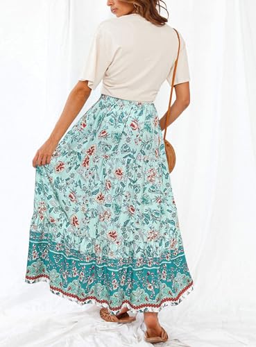 Image of ZESICA Women's 2026 Summer Bohemian Floral Printed Elastic Waist A Line Maxi Skirt with Pockets