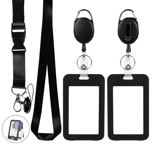 Image of Clear Double Sided Visualization Window Vertical Plastic ID Name Card Holders,Retractable Badge Reels and Lanyard,for Key Card Conference Licenses Passes Nurses Coach Employees School and Office