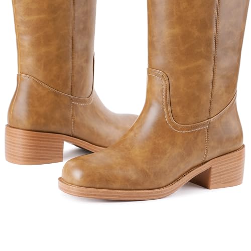 Image of Gothictor Women's Banana Knee High Boots Square Toe Chunky Block Heel Comfortable Low Heel Pull on Wide Calf Riding Long Boots for Women