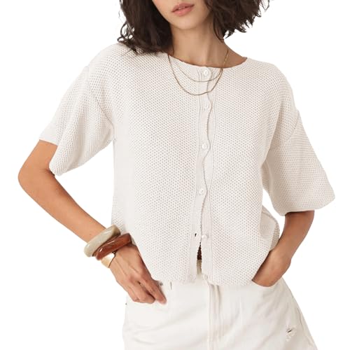 Ainangua Womens Casual Cardigan Summer Short Sleeve Crew Neck Button Down Knit Sweater Tops Lightweight Travel Outfits