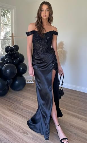 Women's Lace Applique Satin Prom Dresses 2025 Long with Slit Mermaid Off Shoulder Luxury Formal Evening Party Gown3