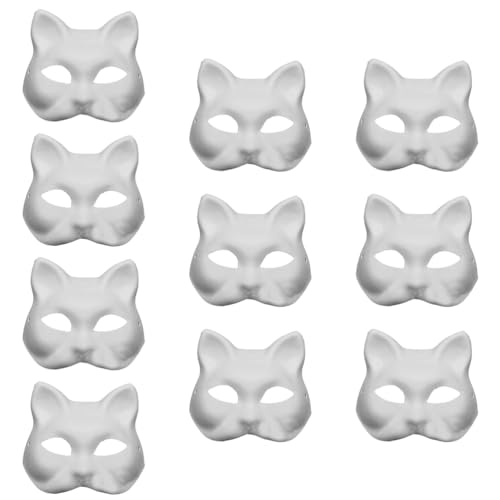 SEWACC 10pcs Cat Mask White Paper Mask DIY Blank Mask Hand Painted Face Mask Animal Cosplay Mask Creative Masquerade Mask for Halloween Dance Party