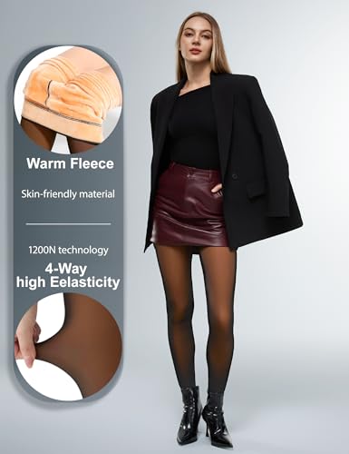 Image of KBVOT Fleece Lined Tights Women Sheer Warm Pantyhose Leggings Fake Translucent Thermal Winter Thick Tights for Dresses