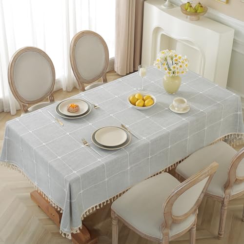 Image of Laolitou Rustic Tablecloth with Tassel - Waterproof Tablecloths for Rectangle Tables Wrinkle Free Resistant Outdoor Table Cover for Party Table Cloths Grey Plaids Rectangle,55''x 86'',6-8 Seats