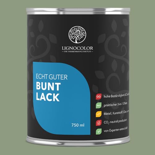 Lignocolor Buntlack | hochdeckender Lack für Kinderspielzeug | Holz, Metall & Kunststoff im Innenbereich | in vielen Farbtönen verfügbar (750 ml, Seidenmatt, Salbeigrün)