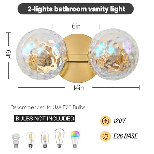 Image of Gold Globe Wall Sconce,Vanities Lights with 2 Stained Glass Shades | 6 inch Modern Spherical Vanity Sconces,Contemporary Small Brass Ball Lights Fixture for Entryway Bedside Bathroom,E26 Base