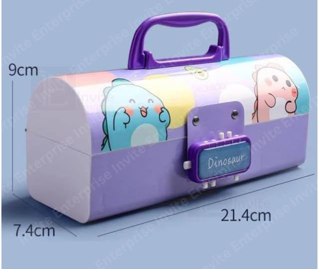 Image of WORSHIPER Cartoon Theme Pencil Box for Kids | Suitcase Style Password Lock Stationery Organizer | Multi-Layer Pen & Pencil Case for Boys & Girls (DPPB - Dino Purple)