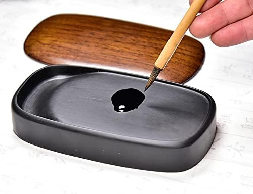 歙州硯 硯 書 書道 中華名物 墨おり良い 心地よい磨り心地 楕円型 インクスティック付き (蓋付き)