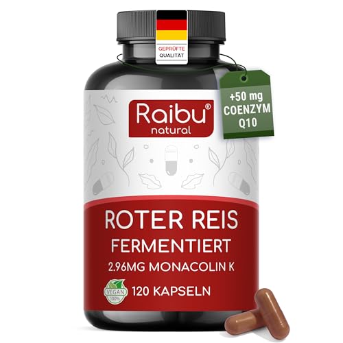 Roter Reis (Red Rice) Kapseln mit 2 96 mg Monacolin K & 50 mg Coenzym Q10 pro Kapsel - Fermentierter Roter Reis aus Monascus purpureus - Vegan hochdosiert laborgeprüft - 120 Stück