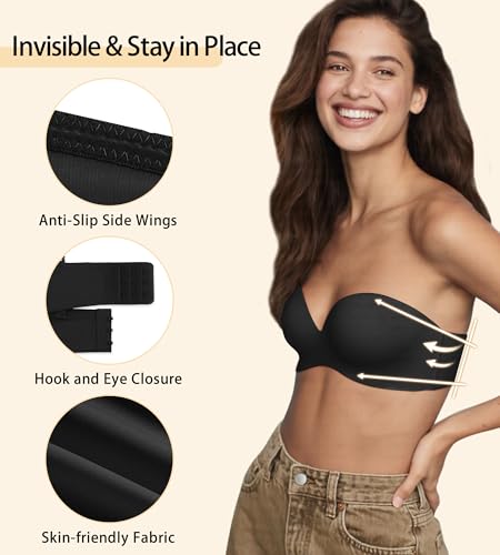 Image of Strapless Bras for Women with Support - Womens Underwire Push Up Plunge Full Coverage Tshirt Bra with Extender