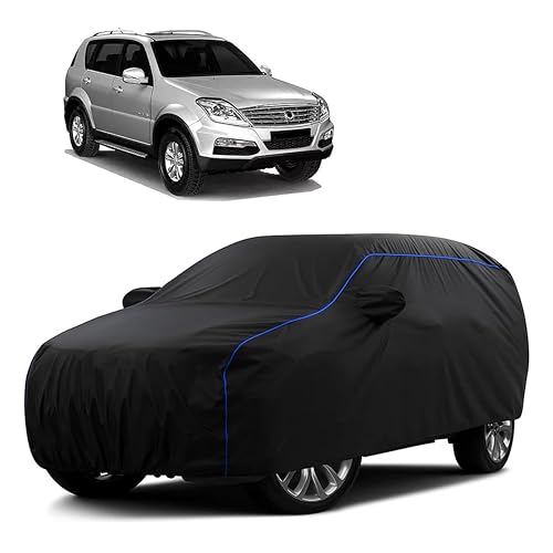 Image of Sulfar 100% Water Resistant Car Body Cover Compatible with Mirror for SsangYong Rexton (Triple Stitched, Full Bottom Elastic, Black Tafetta with Blue Piping)