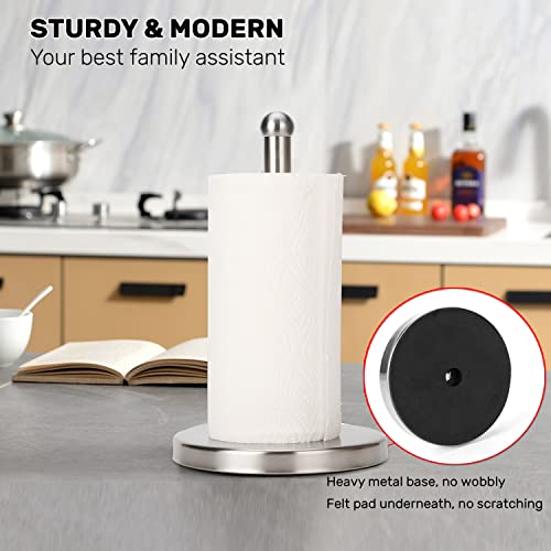 Paper Towel Holder Countertop With Heavy Weighted Base (3 Lbs In Weight, And 7.5 Inch In Diameter), One-Handed Design For Easy Ripping (Stainless Steel Brushed Nickel) #TOP1