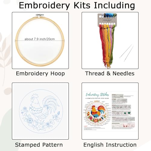 Image of Nuberlic Rooster Embroidery Kit for Adults Beginners, Stamped Farmhouse Embroidery Starter Kit with 7.9 Inch Hoop, Threads, Needles & Instructions, DIY Needlework Craft Gift