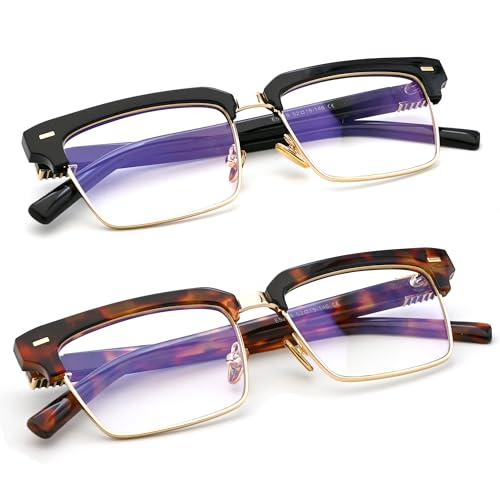 Image of Semi Rimless Rectangle Blue Light Glasses Men Women Black Square Eyewear
