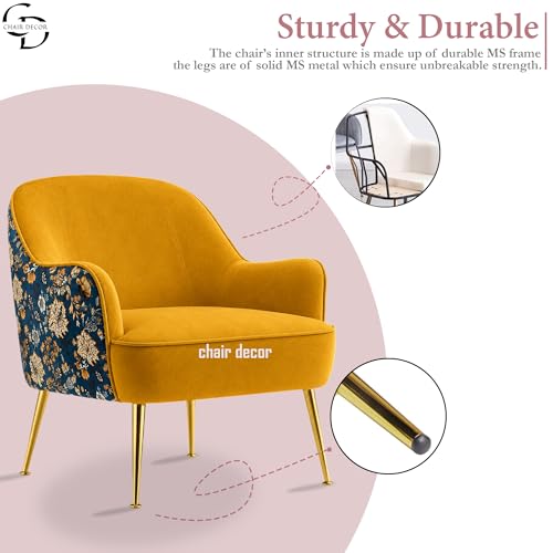 Image of Velvet Wingback Accent Chair for Living Room | Luxury High Back Tufted Armchair with Glossy Metal Legs | Modern Velvet Upholstered Lounge Chair for Home & Office | 1 Pc (Mustard Floral)