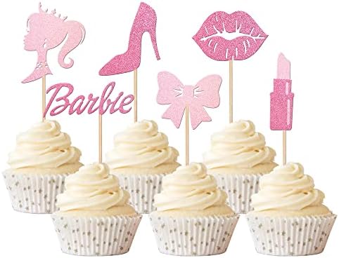 Rsstarxi 24 Pack Princess Cupcake Toppers Glitter High Heel Lipstick Bow Tie Baby Shower Cupcake Picks Princess Theme Bridal Shower Wedding Anniversary Birthday Party Cake Decorations Supplies