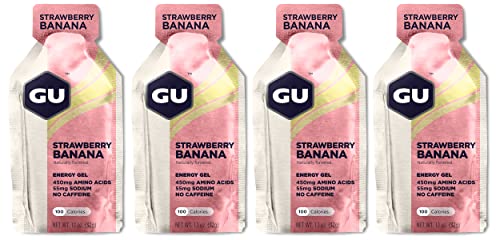 GU Energy Running Gels - 4 Gel Taster Pack - Sports Energy Gels For Running , Cycling, Triathlon (Strawberry Banana), 32.0 g
